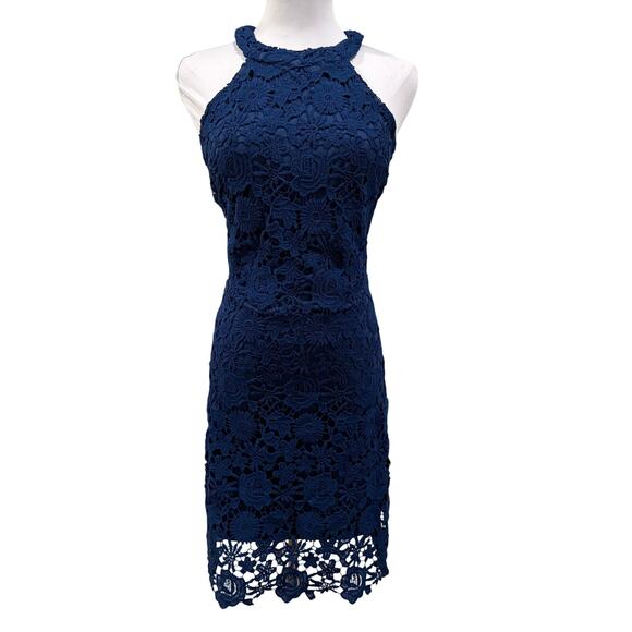 Pink Lily Navy Blue Floral Lace Halter Bodycon Dress Cocktail Midi Large NEW - Picture 2 of 9